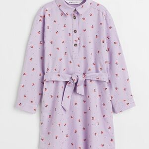 H&M Kids Girls Purple Lilac Floral Shirt Dress Tie Waist Belt Size 10